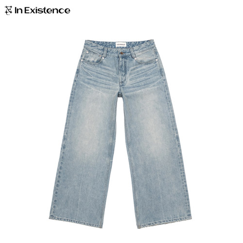 IN EXISTENCE x i 联名复古水洗闪电纹扎花A字宽松牛仔裤