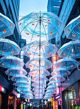 淡蓝色雨伞天幕装饰户外景区商业街古镇街道装扮拍照打卡挂饰布置