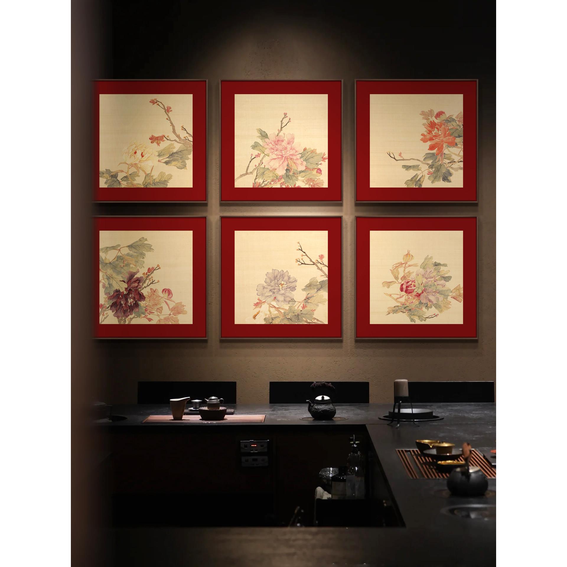 新中式玄关客厅牡丹图挂画酒店餐厅过道背景墙装饰画书房茶室壁画