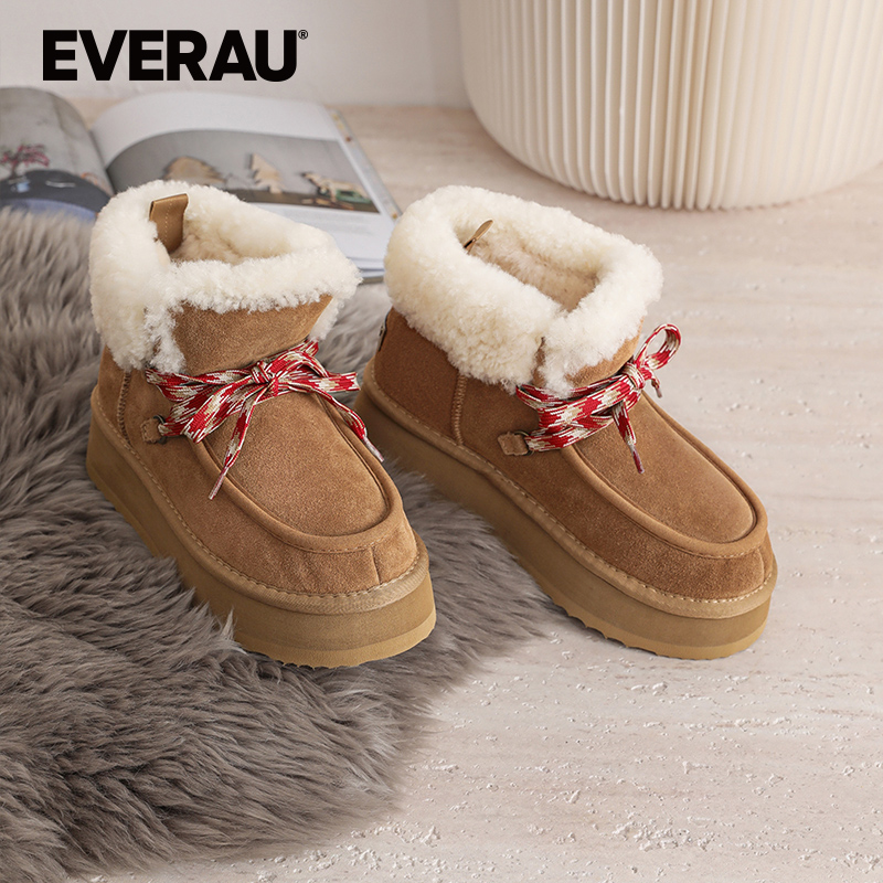 EVERAU厚底雪地靴女冬季新款羊皮毛一体加厚短筒户外短靴UEA3011