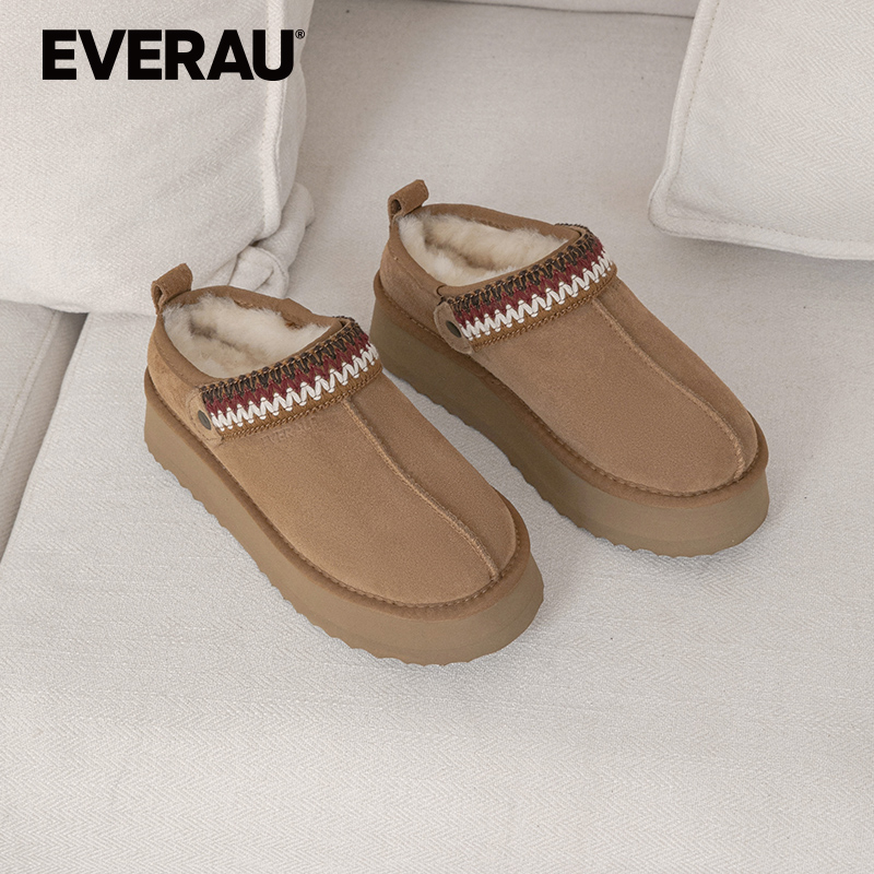 EVERAU羊皮毛一体雪地靴女2025冬季新款加厚保暖两穿短靴子EA2059