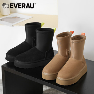 EVERAU厚底雪地靴女冬季新款短筒防水显瘦弹力保暖中筒短靴EA3154