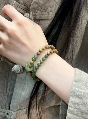 天然绿檀木和田玉6mm双圈手串转运木质文玩静心佛珠显白女款手链