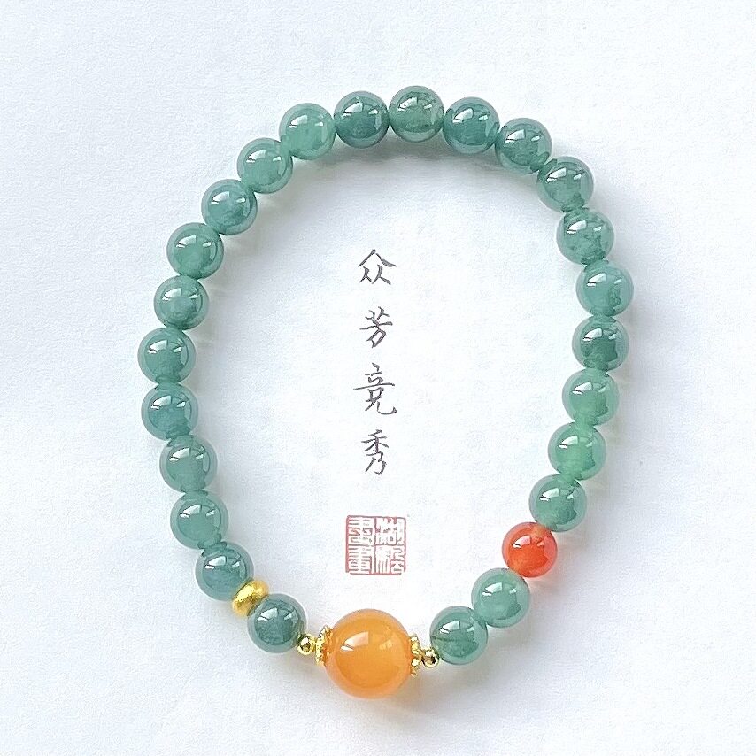 天然蓝水翡翠A货手链女款搭配蜜蜡圆珠玉石手串新中式饰品送礼物