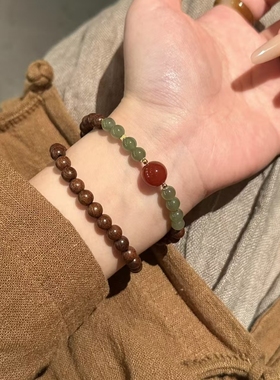 天然金丝檀搭配和田玉玛瑙双圈手串女款木质文玩佛珠新中式手链