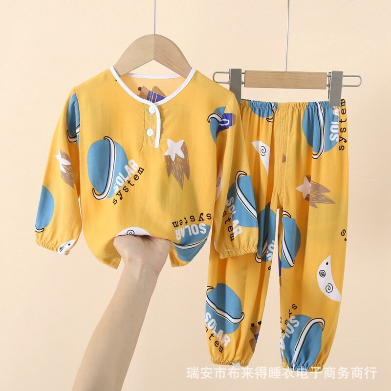 儿童棉绸睡衣 长袖套装男童女孩宝宝绵绸防蚊空调家居服薄款童装