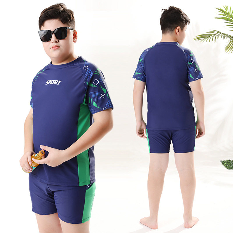 胖童泳衣男童加肥加大码分体泳装青少年胖男孩泳裤儿童游泳衣套装