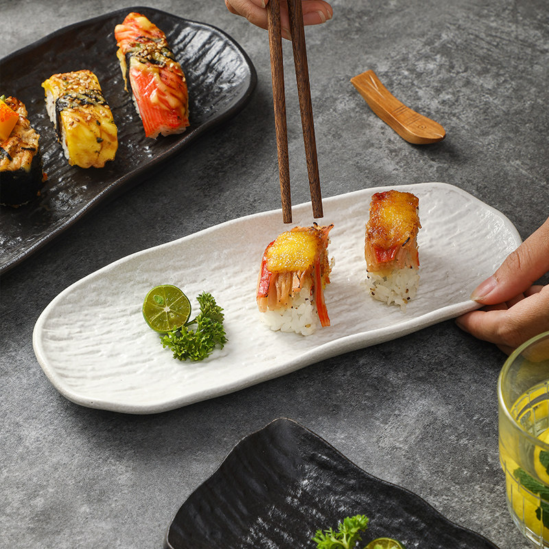 陶瓷黑白寿司盘釉下彩料理长条盘