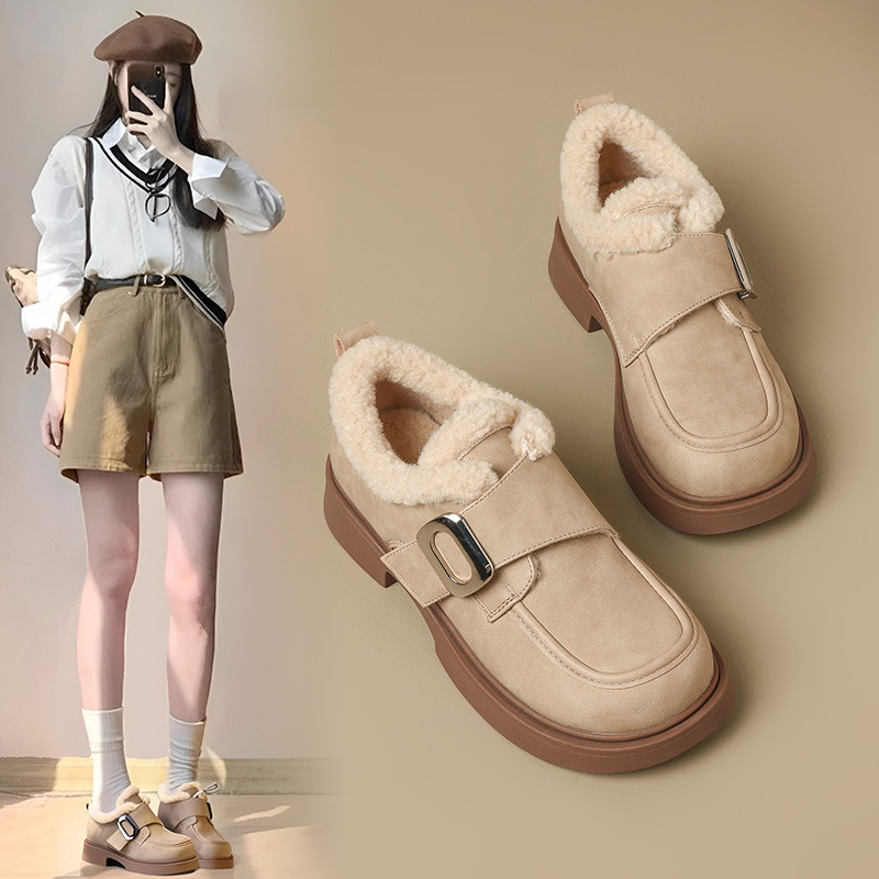 ZHR加绒勃肯鞋女2024冬新款厚底乐福鞋复古小皮鞋保暖雪地靴棉鞋
