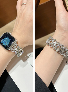 镶钻四叶草适用iwatchs10表带applewatchs9苹果s8手表带se金属s7女款s654321手链式iphonewatch表链applewtch