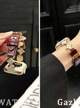 Gazk适用iwatchs11手表表带苹果s11四叶草金属拼真皮applewatch10手表带牛仔s9/s8皮质se女款watchs7新款s654