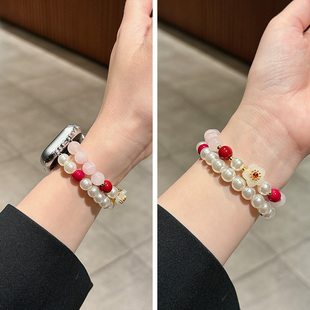 桃花珍珠适用iwatchs11表带applewatch10苹果s9s8手表带s7代se手链式iphonewatchs6女款串珠s10夏天applewtch