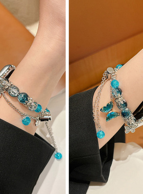 水晶蝴蝶手链式适用applewatch9表带iwatchs9苹果s7代se手表带iwatchs8金属iphonewatch女款iwatchse链条夏天