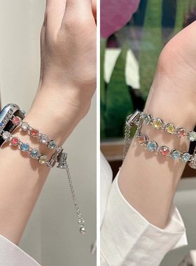 彩色水晶适用iwatchs9表带applewatch8苹果s9手表带Se代s7手链式654321金属s8表链小香风iphonewatch女款夏天