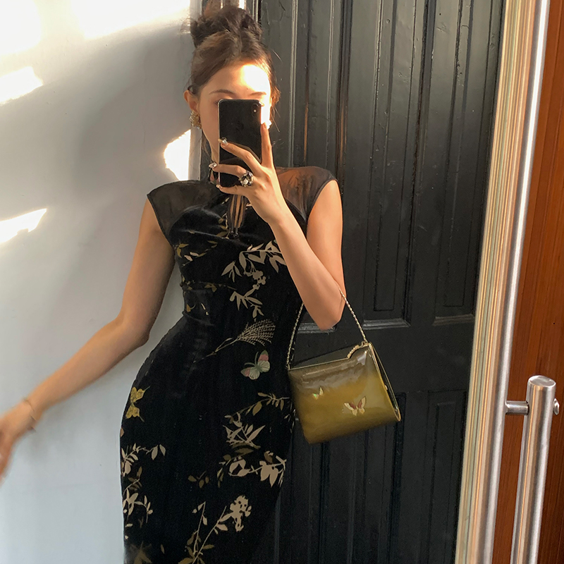 小丽新中式旗袍国风丝绒碎花连衣裙春夏装高级气质显瘦包臀裙子