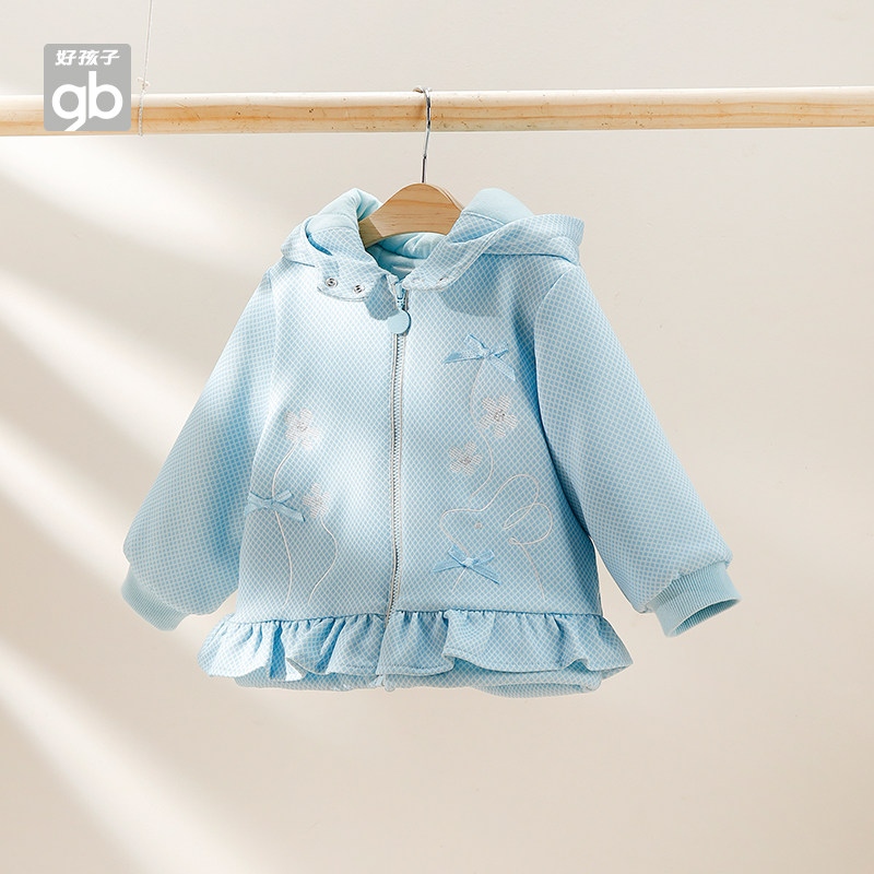 GB好孩子秋冬女童上衣花边拉链保暖连帽外套