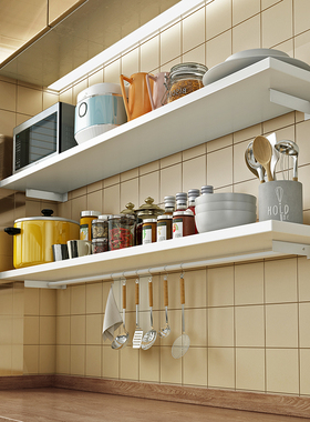 免打孔置物板厨房壁挂架子搁架上墙面式调料木收纳挂锅盘白色隔板