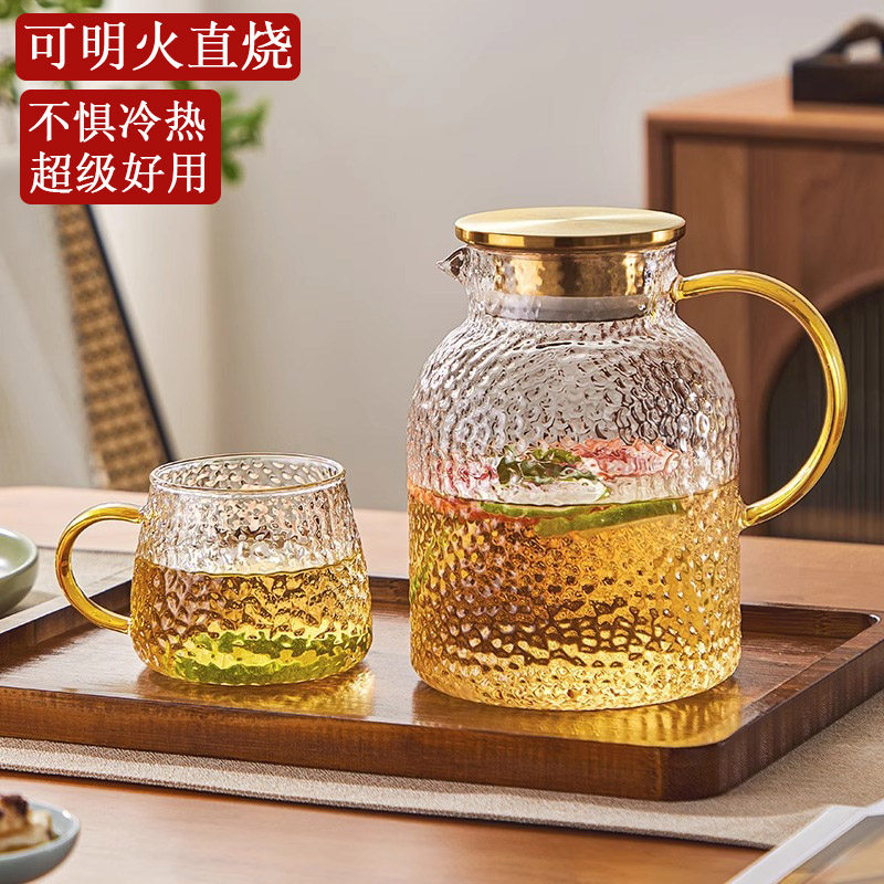 玻璃冷水壶家用耐高温锤纹加厚食品级大容量不锈钢盖凉水壶泡茶壶