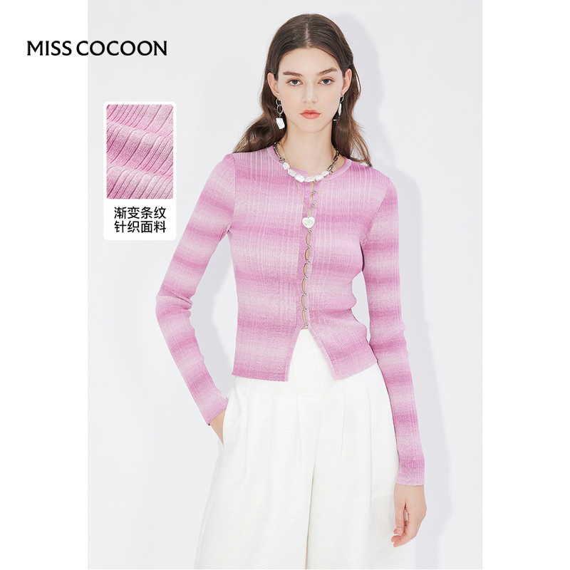 【呼呼专享】MISSCOCOON新款浪漫渐变条纹修身减龄通勤针织开衫