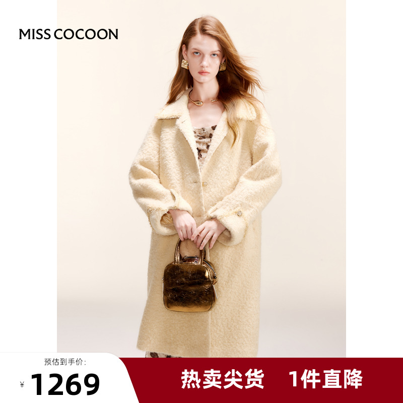 可可尼COCOON2024冬季新款法式赫本风大翻领羊毛粗花呢毛呢外套女