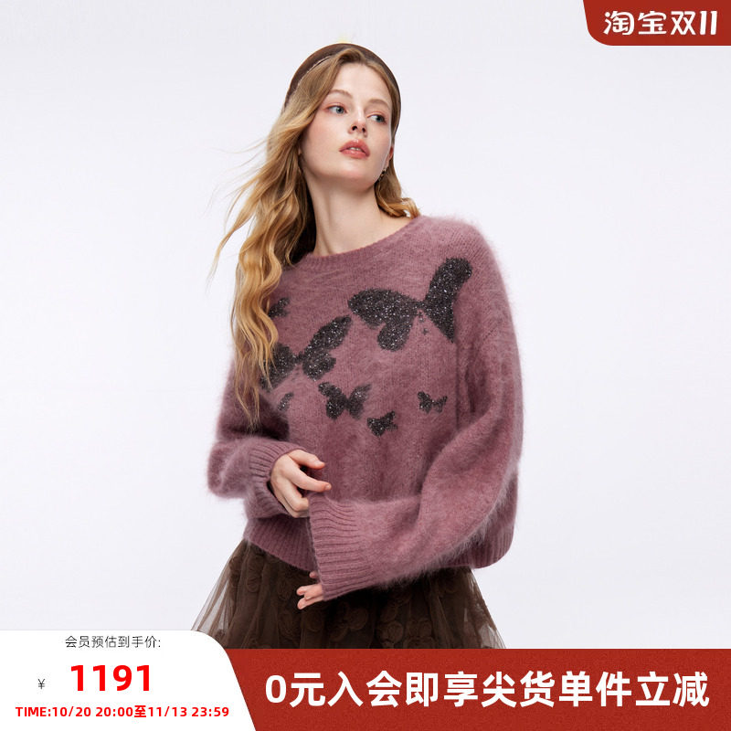 MISSCOCOON可可尼圆领套头毛衣女2025秋冬新款蝴蝶印花毛针织衫