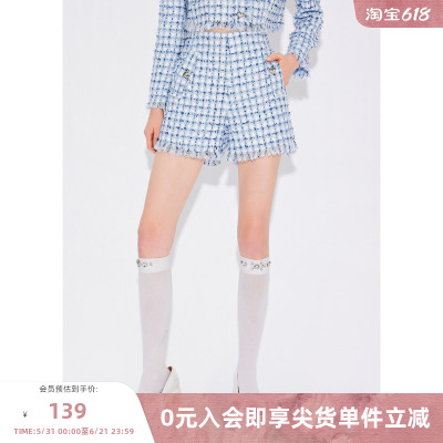missCOCOON【塞班河的日落】春新款格纹拉毛A字高腰休闲短裤