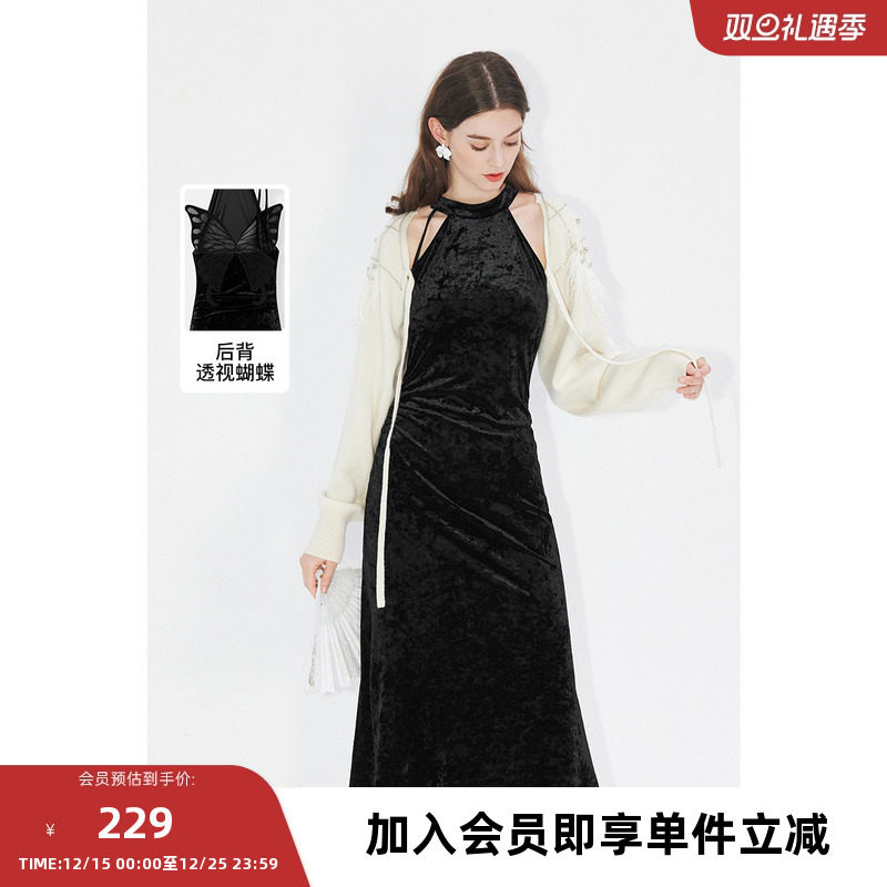 missCOCOON【凤羽雀翎系列】24春新款黑色系带礼服蝴蝶结连衣裙