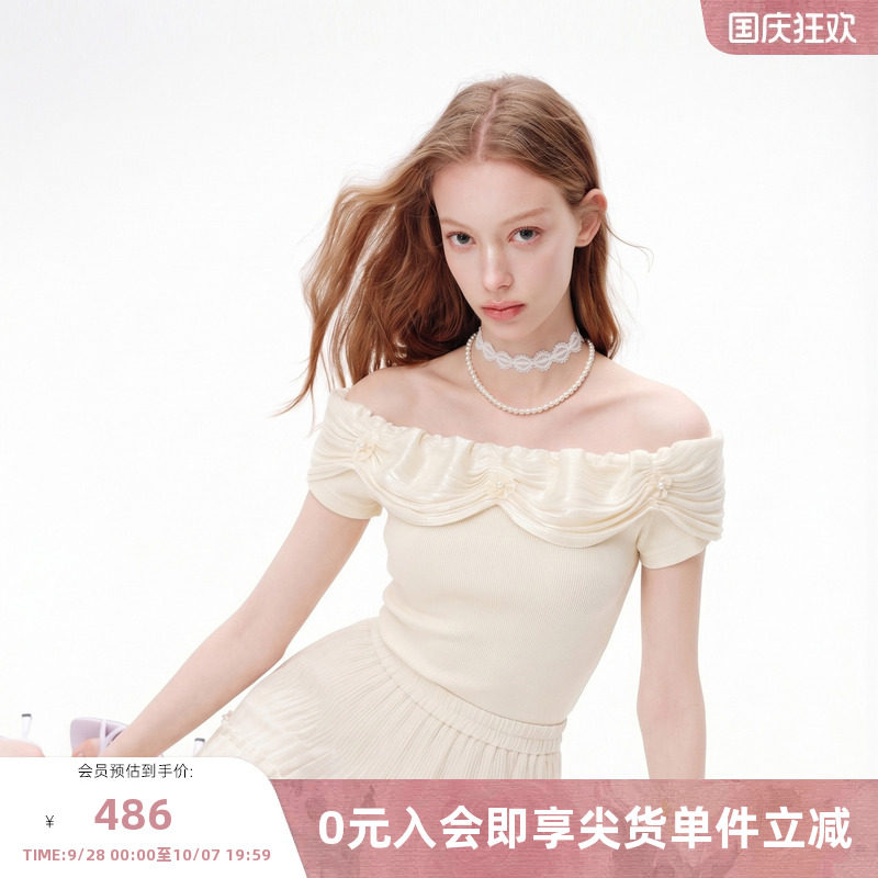 MISSCOCOON可可尼一字肩荷叶领短袖女2026夏新款法式米色针织上衣