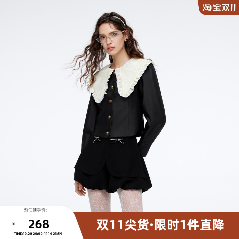 missCOCOON时尚外套2025秋装新款女复古感撞色大翻领绣花短外套女