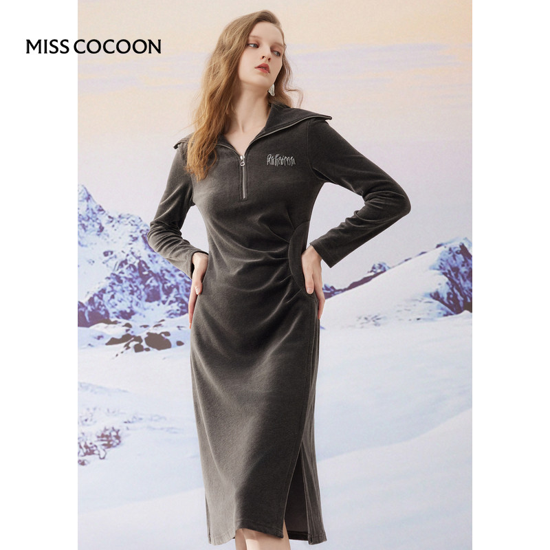 missCOCOON气质复古运动风质2023冬装新款女丝绒翻领针织连衣裙女,女装/女士精品,连衣裙,淘宝优惠券,粉丝福利购,淘宝优惠卷