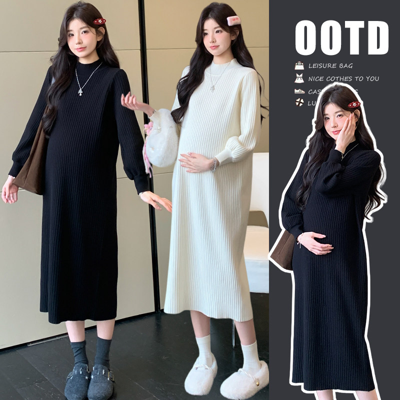 孕妇秋冬半高领针织连衣裙加厚