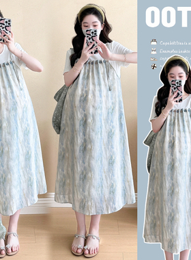大码孕妇短袖连衣裙2025新款夏季设计感扎染拼接假两件裙子200斤