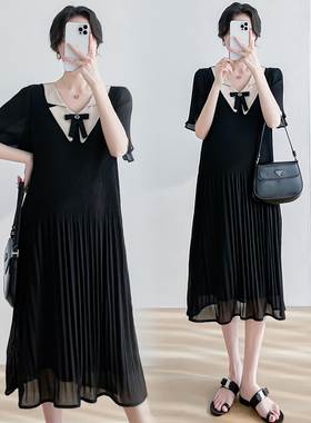 大码夏季孕妇装时尚V领宽松连衣裙夏天雪纺显瘦黑色百褶裙子200斤