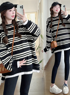 大码孕妇卫衣套装秋冬装中长款条纹T恤上衣拼接假两件显瘦200斤