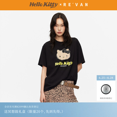 REVAN芮范黑皮HelloKitty假日感鱼子酱黑色宽松T恤RK31001039