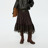 流动感蕾丝拼接裙摆棕咖长裙RK11506319 REVAN芮范设计师款