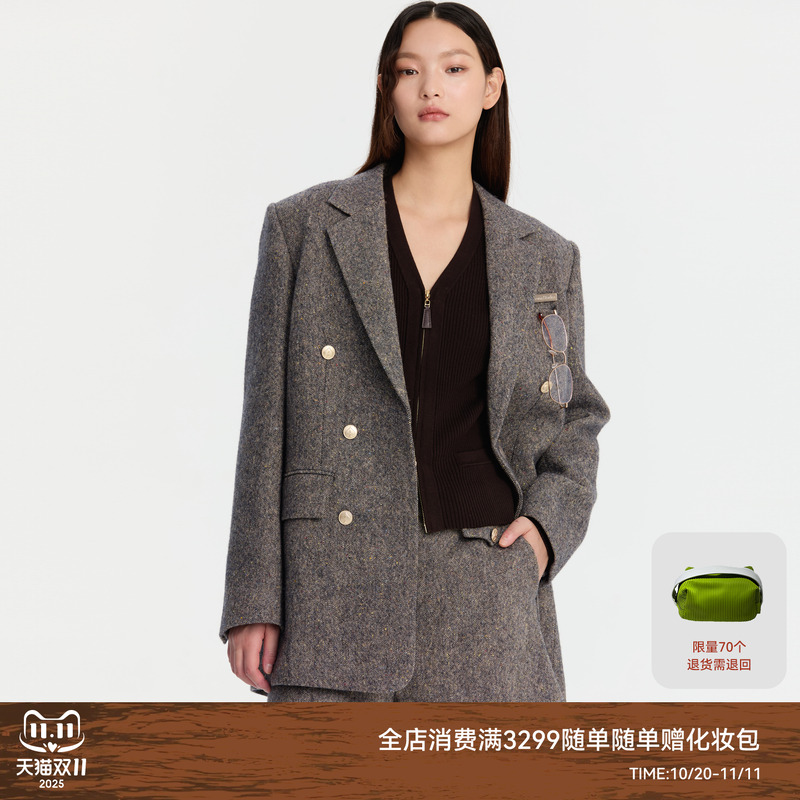REVAN芮范新品知性眼镜西装式钢花呢大衣RM90302009