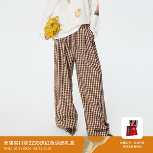 REVAN芮范设计师款 RK11301158 复古棕白格纹抽绳腰头阔腿裤