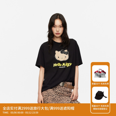 REVAN芮范黑皮HelloKitty假日感鱼子酱黑色宽松T恤RK31001039