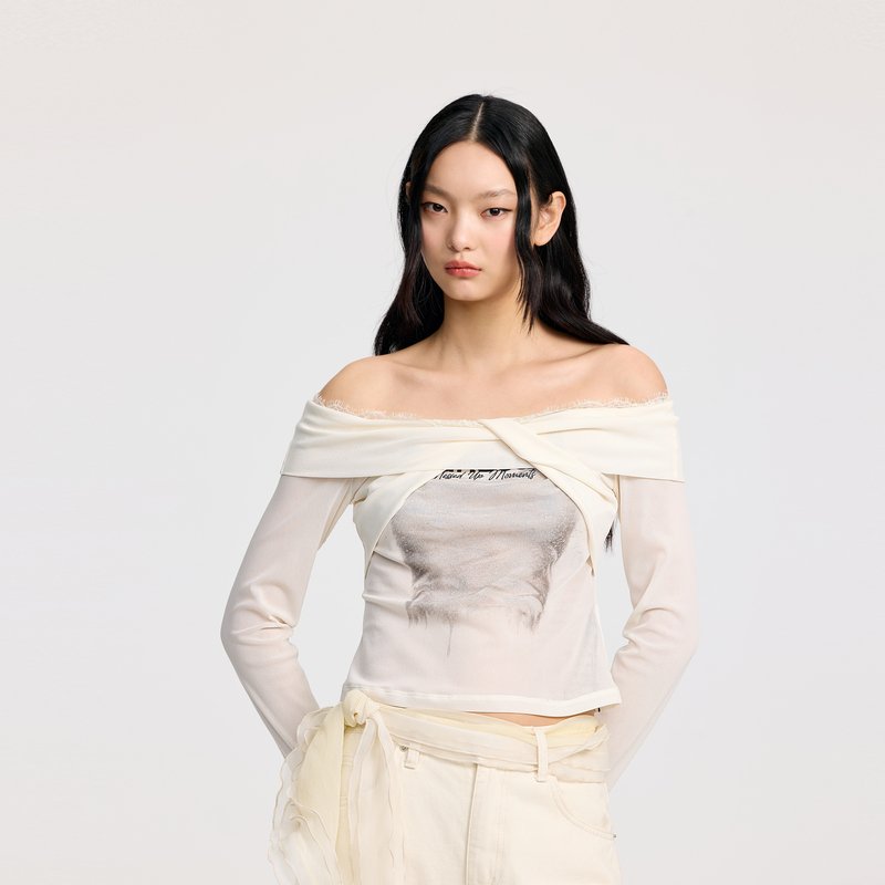 REVAN芮范2025夏季新品设计师款交叉一字肩蕾丝边单衣RL30801003