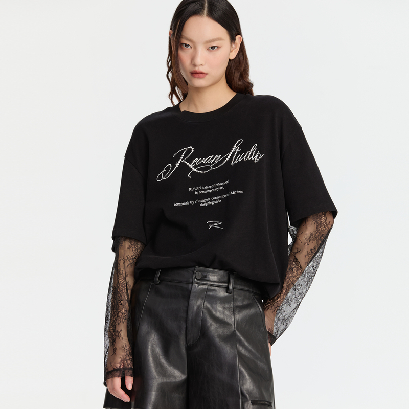 REVAN芮范设计师款优雅轻盈感蕾丝袖子T恤RM91001090