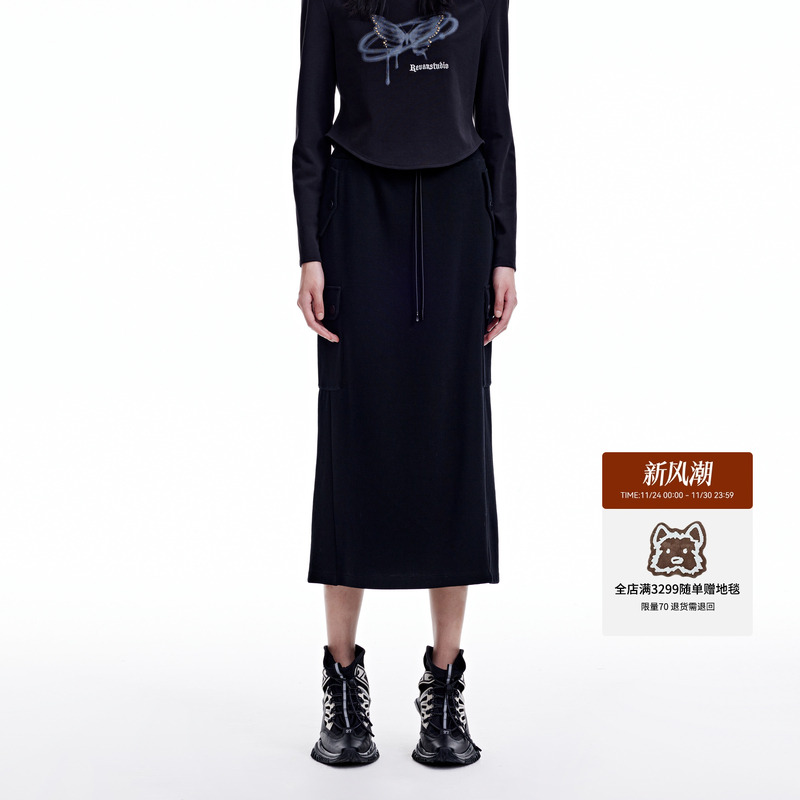 REVAN芮范2023冬季新品设计师款街头风通勤黑色中长裙RN91506197