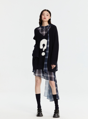REVAN芮范质感两件套毛衣藏青格纹连衣裙RM91101379