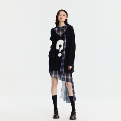 REVAN芮范质感两件套毛衣藏青格纹连衣裙RM91101379