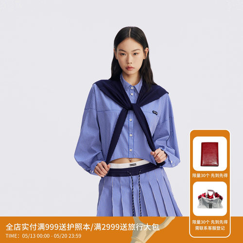 REVAN芮范设计师款藏青毛织披肩格纹衬衫RL72403319