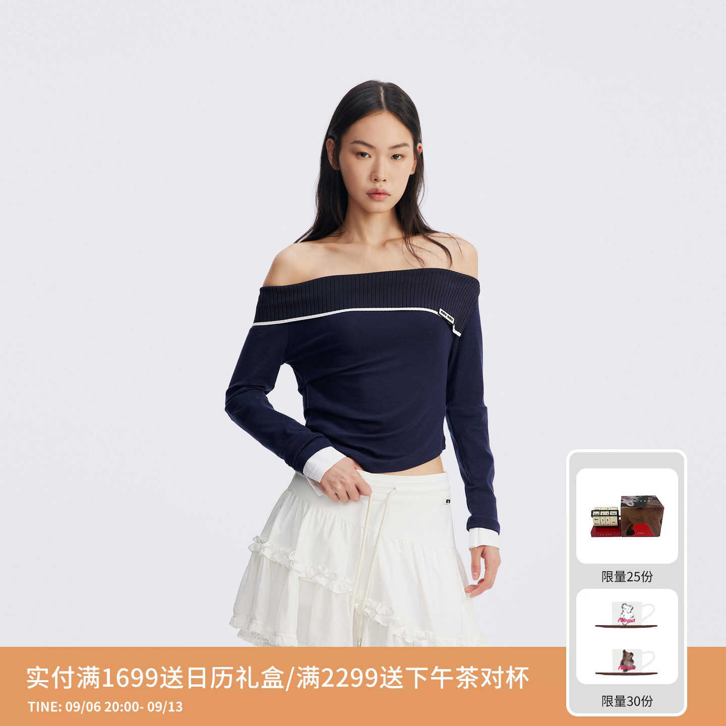 REVAN芮范设计师款一字肩撞色脖带毛衫RL70601236图片