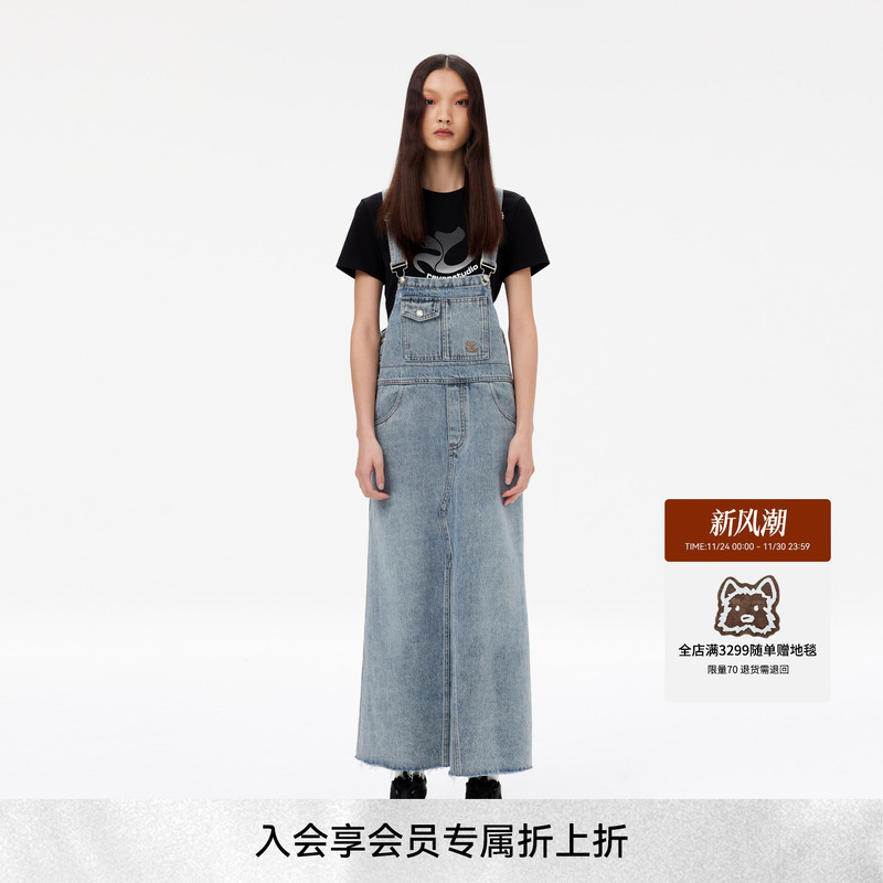 REVAN芮范新品设计师款复古多排扣牛仔背带裙RM11509218