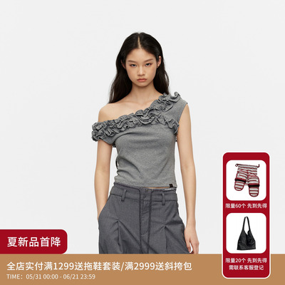 REVAN芮范设计师款浪漫手工立体花朵斜肩T恤RK31001304