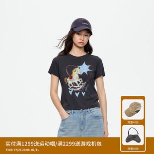 REVAN芮范设计师款童趣小木马印花灰色短袖T恤RK71001231