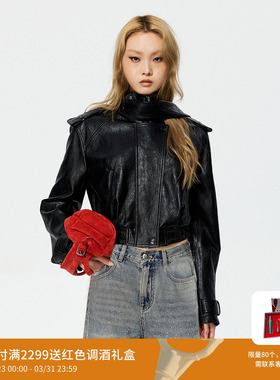 【沈月同款】REVAN芮范帅气酷感骑士飘带PU皮衣外套RK10105023